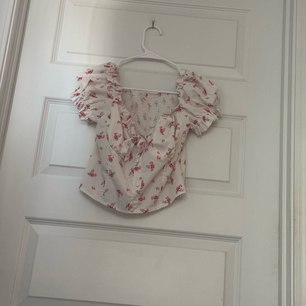 Floral Puff Sleeve Top - White and Red